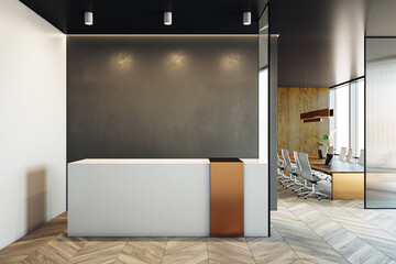 Poster - Modern reception area with a sleek desk and adjacent conference room featuring wooden panels and glass partitions. 3D Rendering