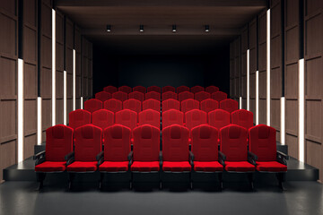 Poster - Modern cinema hall with red seats and wooden-paneled walls, front view. 3D Rendering