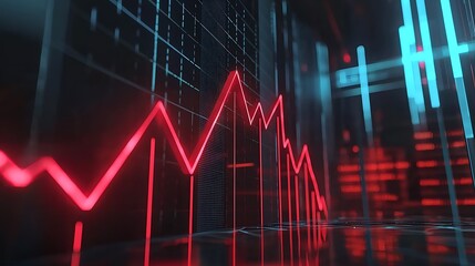 Poster - Red downward trending line graph on dark tech background.