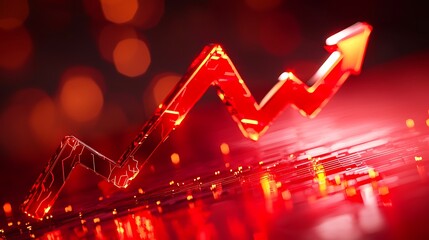 Poster - Red arrow graph rising on dark red background with bokeh lights.