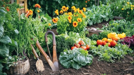 Poster - Colorful garden filled with vibrant flowers and fresh vegetables with tools ready for planting. Generative AI