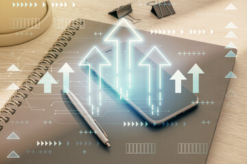 Poster - Technology concept with glowing upward arrows overlay on smartphone and office supplies on desk background.