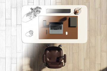 Poster - Top-down view of an organized modern workspace with a laptop, books, and accessories on a white desk with wooden flooring. 3D Rendering