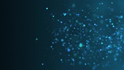 Poster - Blue glowing circles particles dust flying at the middle right on a dark abstract background, bokeh effect, horizontal composition. Loop animation footage for graphic design.