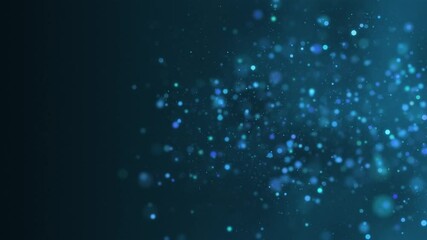Poster - Blue glowing circles particles dust flying at the middle right on a dark abstract background, bokeh effect, horizontal composition. Loop animation footage for graphic design.