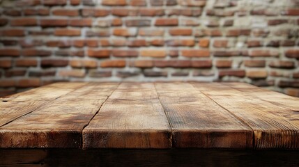 Poster - Wooden Table Surface with Textured Grain Against a Rustic Brick Wall Background for Interior Design and Photography Projects