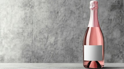 Poster - Elegant Pink Sparkling Wine Bottle with Blank Label on Gray Concrete Background for Branding and Marketing Purposes in Contemporary Setting