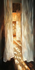 Wall Mural - a painting of a hallway with curtains. the curtains are white and the hallway is dark. the sun is sh