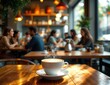 © AI by Derek - Steaming cup of latte with intricate latte art placed on a wooden table in a cozy café with blurred background of people enjoying conversations and warm ambient lighting.