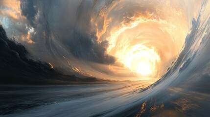 Poster - A wave with a sun in the middle of it. The sun is shining through the water. The water is blue