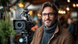 © Priyanut - Smiling Filmmaker with Camera, Warm Lighting, Cinematic Feel.