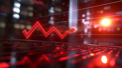Poster - Red downward trend graph on laptop screen at night, depicting market downturn.