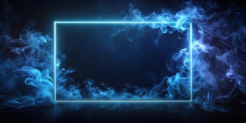 Poster - Abstract Blue Smoke and Glowing Neon Rectangle Frame Background