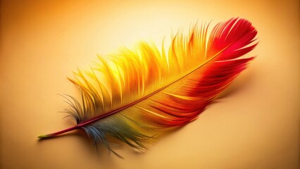 Poster - A single vibrant feather, showcasing a spectrum of warm colors, rests gently on a muted background.