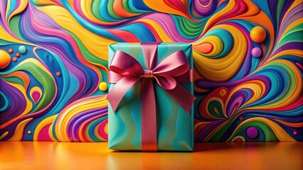 Leinwandbilder - A teal gift box with a pink ribbon sits before a vibrant, colorful, abstract background