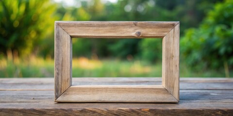 Poster - Rustic wooden frame on weathered wood surface, set against a blurred natural background ideal for adding your text or image
