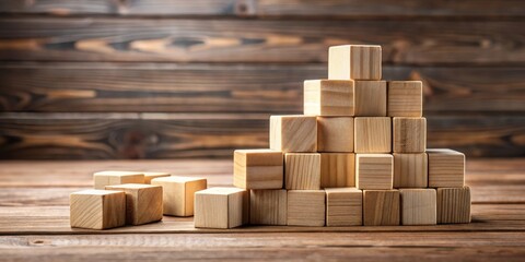 Poster - Wooden Blocks Arranged in a Pyramid Shape on a Wooden Surface