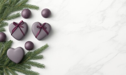 Wall Mural - Heart-shaped gifts with purple accents and pine branches on a marble surface.