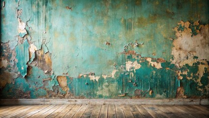 Aufkleber - Aged Teal Wall with Weathered Wooden Floor and Peeling Paint