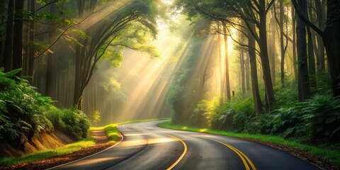 Poster - Serene Forest Road at Sunrise Sunbeams Illuminate Winding Path Through Lush Green Trees