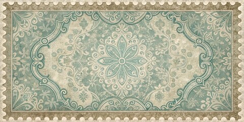 Aufkleber - Antique Teal and Beige Ornate Stamp Design Featuring Floral and Scrollwork Patterns