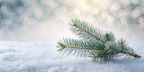 Aufkleber - Serene winter scene evergreen branch rests gently on pristine snow, illuminated by soft, ethereal light.