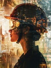 Aufkleber - Profile of a person wearing a safety helmet and goggles against an abstract city background at sunset. Generative AI