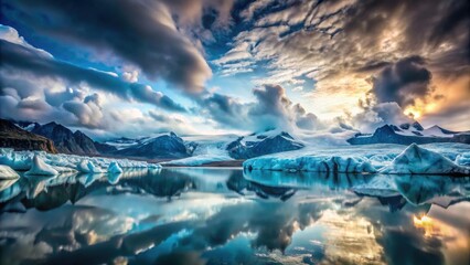 Aufkleber - Serene Glacial Lake Reflecting Dramatic Sunset Sky and Mountains