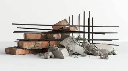 Poster - Abstract Construction Material Composition of Bricks, Concrete, and Steel Rods with a Minimalist Aesthetic on a Bright Background for Design Projects