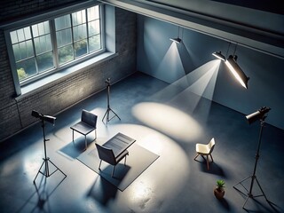 Poster - Minimalist Grey Studio Background, Light Beam, Aerial Photography, Architectural Photography, Abstract Photography