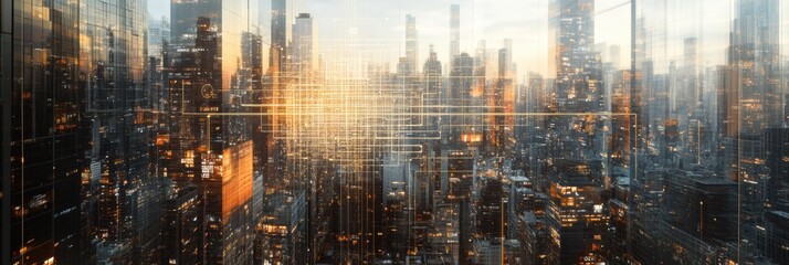 Leinwandbilder - Cityscape integrated with digital neural network showcasing the future of artificial intelligence in urban environments. Generative AI