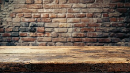 Poster - Rustic Wooden Table Surface Against a Vintage Red Brick Wall Ideal for Food Photography, Product Display, and Creative Backgrounds in Various Contexts