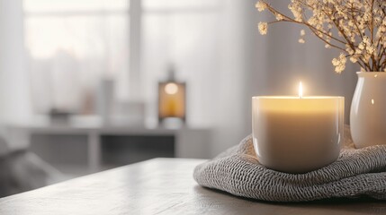 Wall Mural - A candle is lit on a table next to a white vase. The vase is empty