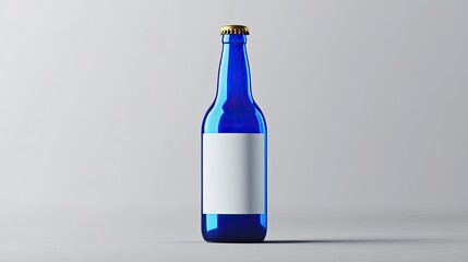 Poster - Blue Glass Bottle with Blank Label Isolated on a Light Background Perfect for Branding and Product Presentation in Stock Photography