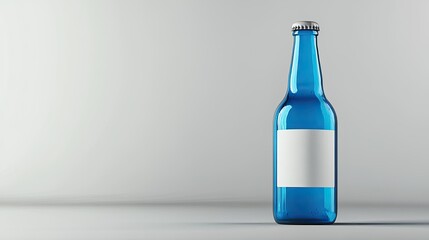 Poster - Bright Blue Glass Bottle with a Clear Label Isolated on a Soft Gray Background Perfect for Product Mockups and Promotional Material