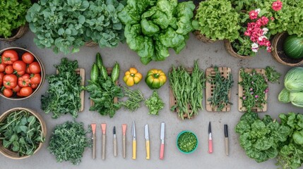 Poster - Vibrant garden tools and colorful flowers amidst rows of fresh vegetables in a thriving garden setting. Generative AI