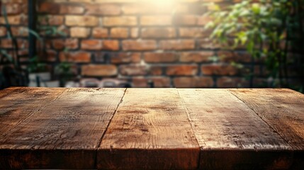 Poster - Rustic Wooden Table with Warm Natural Light Against a Brick Wall Creating a Cozy Atmosphere for Interior Design or Food Photography Background