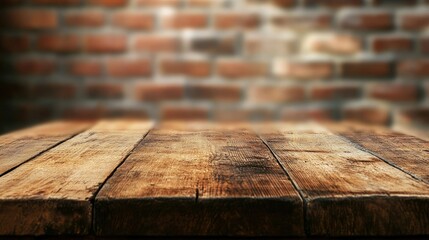 Poster - Rustic Wooden Table Surface on Blurred Background of Red Brick Wall, Ideal for Food Photography, Product Displays, and Vintage Decor Themes