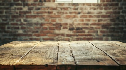 Poster - Rustic Wooden Table in Front of Vintage Brick Wall, Ideal for Product Display, Photography Background, or Creative Interior Decor Inspiration, Capturing Natural Light and Texture