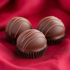 Wall Mural - Three chocolate truffles with a decorative drizzle on a red background.