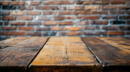 Poster - Rustic Wooden Table in Front of a Textured Brick Wall, Ideal for Contemporary Interior Design, Restaurant, or Urban Photography Background Use