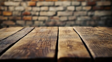 Poster - Rustic Wooden Table Surface in Front of a Textured Brick Wall, Perfect for Backgrounds or Displaying Product Photography with Warm Tones and Natural Elements
