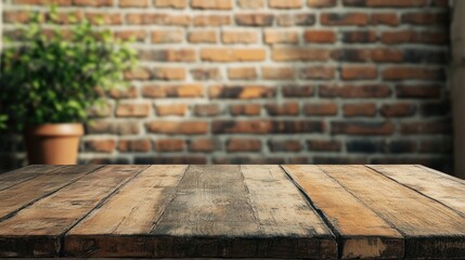 Poster - Rustic Wooden Table with Textured Surface in Front of a Warm-Brick Wall Surrounded by Natural Greenery in an Indoor Setting