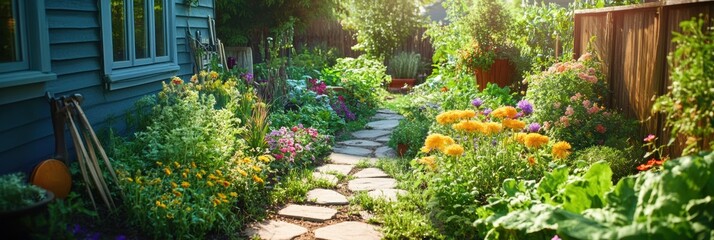 Poster - Vibrant garden filled with tools, colorful flowers, and rows of fresh vegetables at sunset. Generative AI