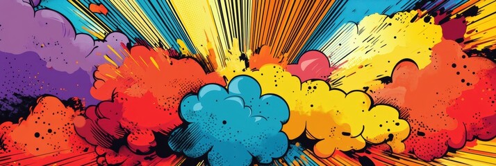 Aufkleber - Bright colorful explosion with vibrant clouds and dynamic lines creating an energetic mood in a comic style. Generative AI