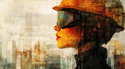 Aufkleber - Profile of a person wearing safety helmet and goggles in an abstract urban environment with ample copy space. Generative AI