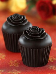 Wall Mural - Two decorative chocolate cupcakes with rose-shaped toppings on a floral background.