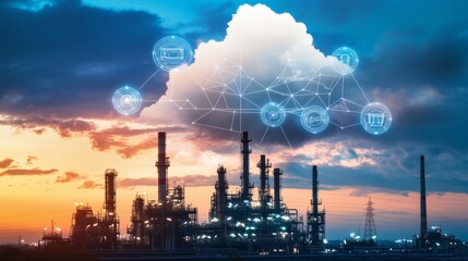 Poster - Industrial cloud integration oil refinery operations urban area digital technology evening sky futuristic concept