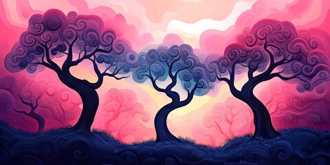 Wall Mural - Three trees with blue leaves are in a forest. The trees are in the foreground and background. The sky is pink and purple