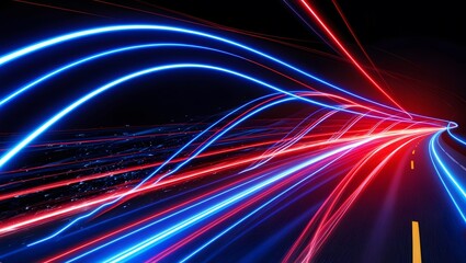 Poster - Blue and red neon wavy lines. Red blue special effect, speed police line. Magic of moving fast lines. Laser beams. Particle motion effect.